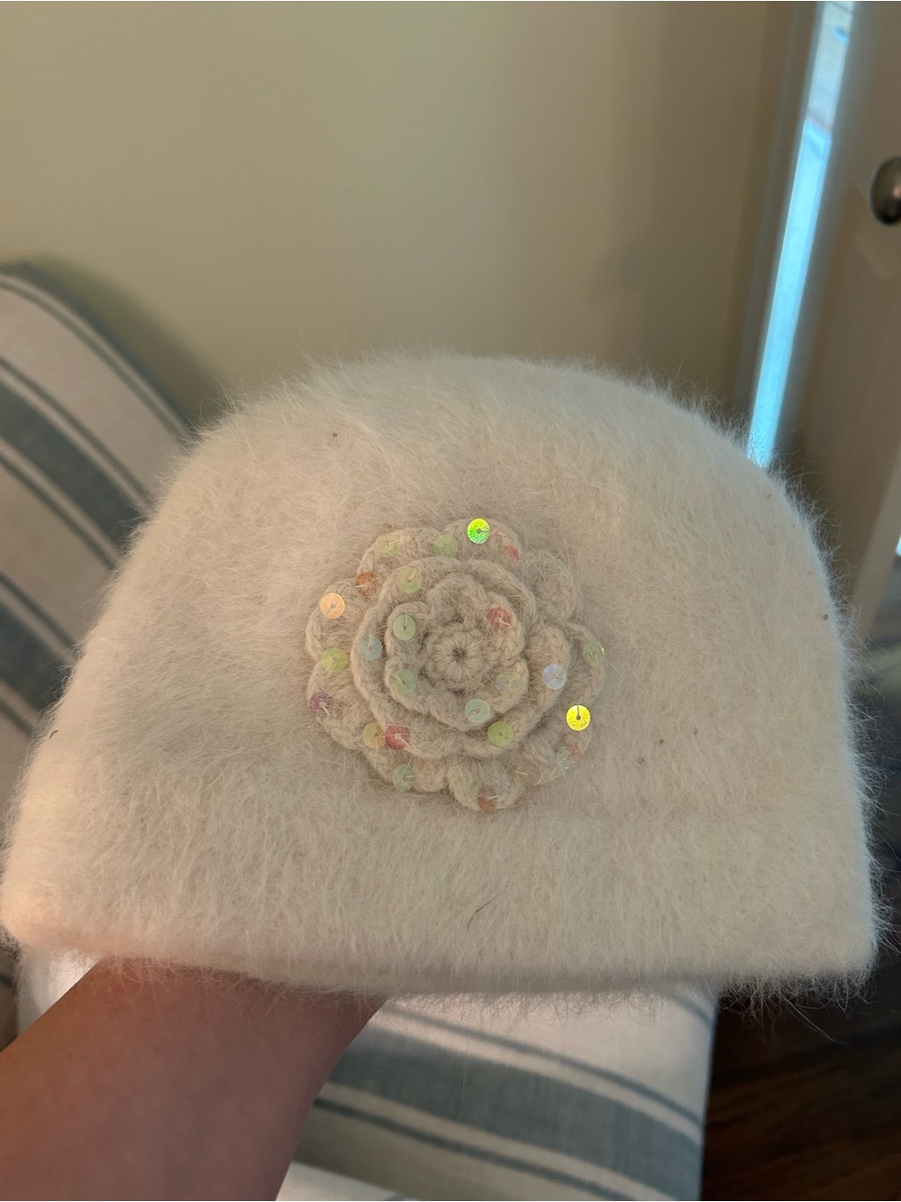 Vintage Cream Fuzzy Beanie with Floral Sequin Applique